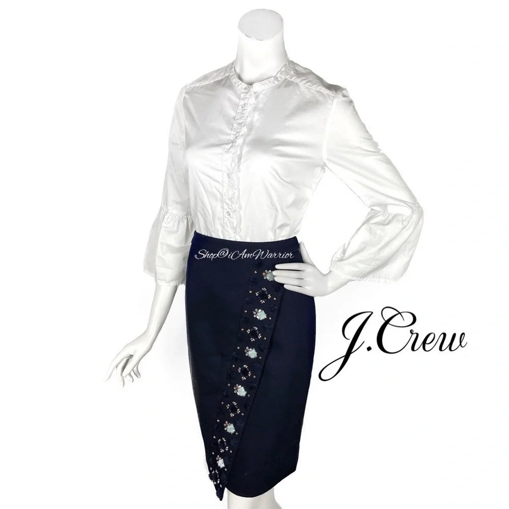J.Crew Collection NWOT navy embellished asymmetrical bonded twill pencil skirt